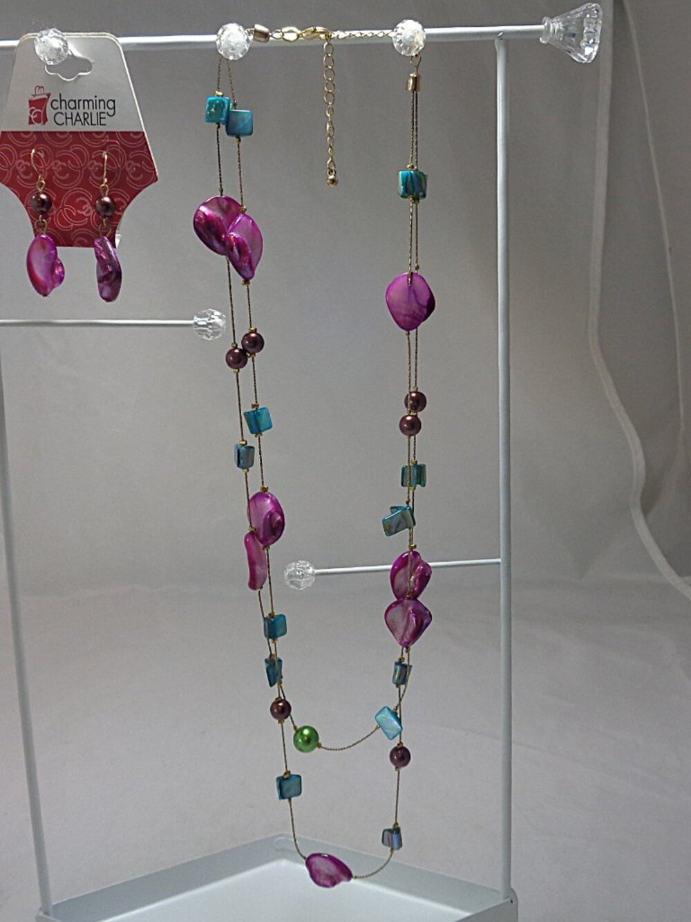 Charming Charlie 2 Strand Shell & Bead Necklace Pink, Aqua, Green 21" with Match